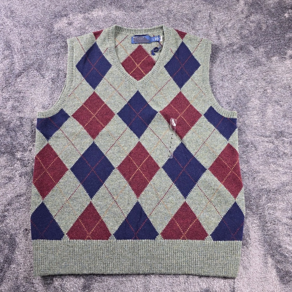 Polo Ralph Lauren Argyle Wool Sweater Vest Mens L Diamond Tennis Golf Preppy